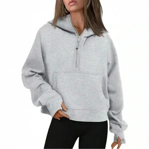 Cropped Hoodie 1/2 Zip Sweatshirt Fleece Lined Sporty Active Grey Size Small